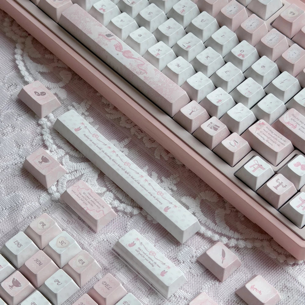 #0295 Pale Pink Letter Vintage Pink Keycap Set – Retro Feminine 140-Key PBT Keycaps for Mechanical Keyboards Designed By Twinkle Lab