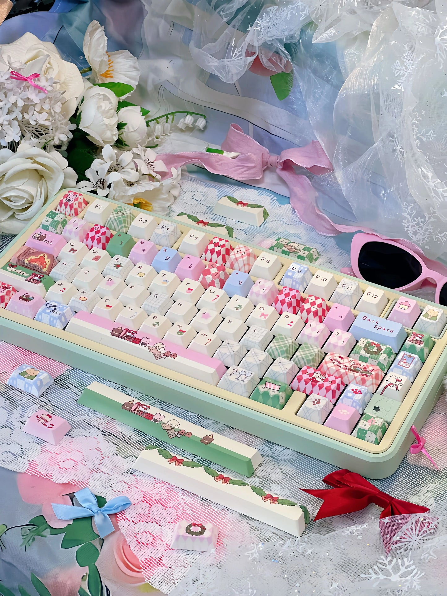 #0262 Buny Red Pink and Green Cute Christmas Birthday Gift Keycap Cherry/moa Profile (not including keyboard)