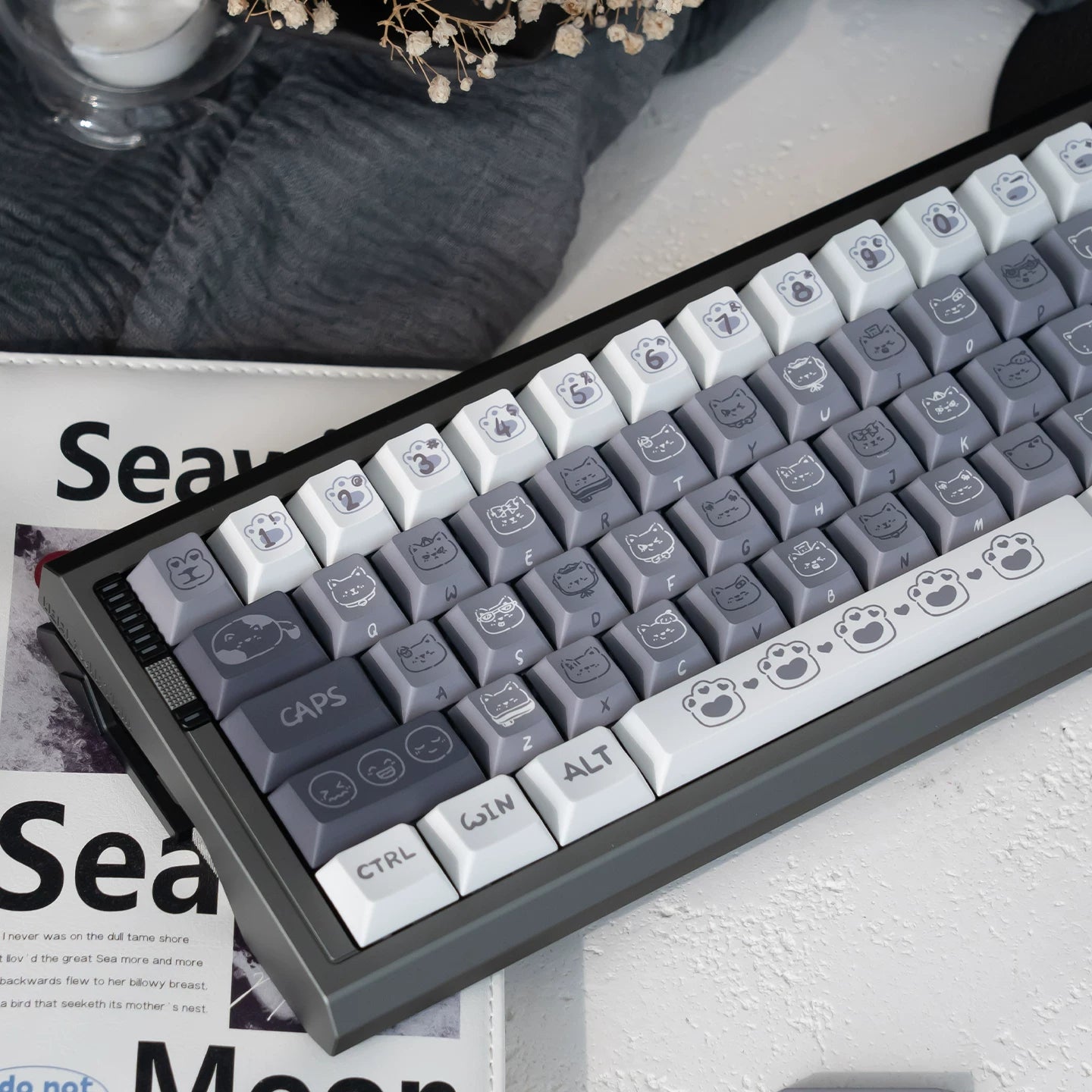 #0276 Emo Gray Kitten Black and White Side Engraved Keycap Designed By URE