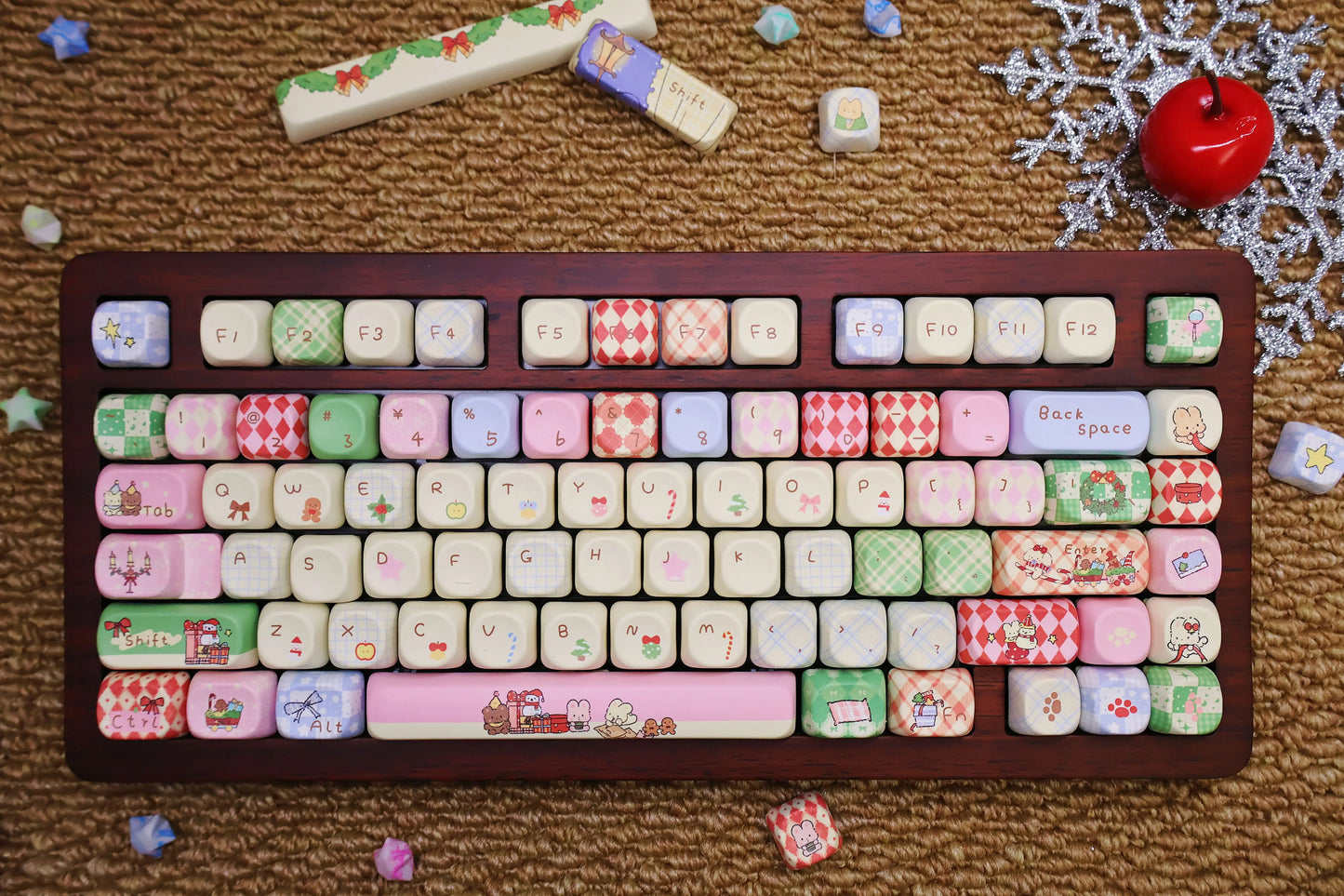 #0262 Buny Red Pink and Green Cute Christmas Birthday Gift Keycap Cherry/moa Profile (not including keyboard)