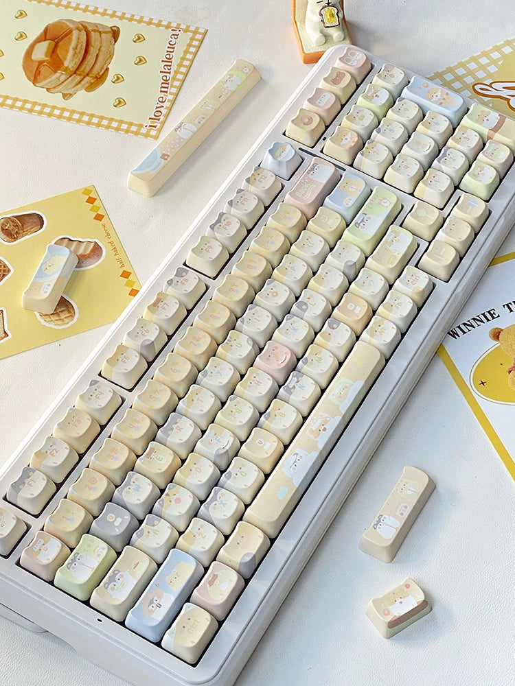 053 Pastel Pale Blue Yellow Beige Kawaii Hamster MAO Profile Customized Keyboard Keycaps Cute Keycaps with Kitty Ears Cat-headed