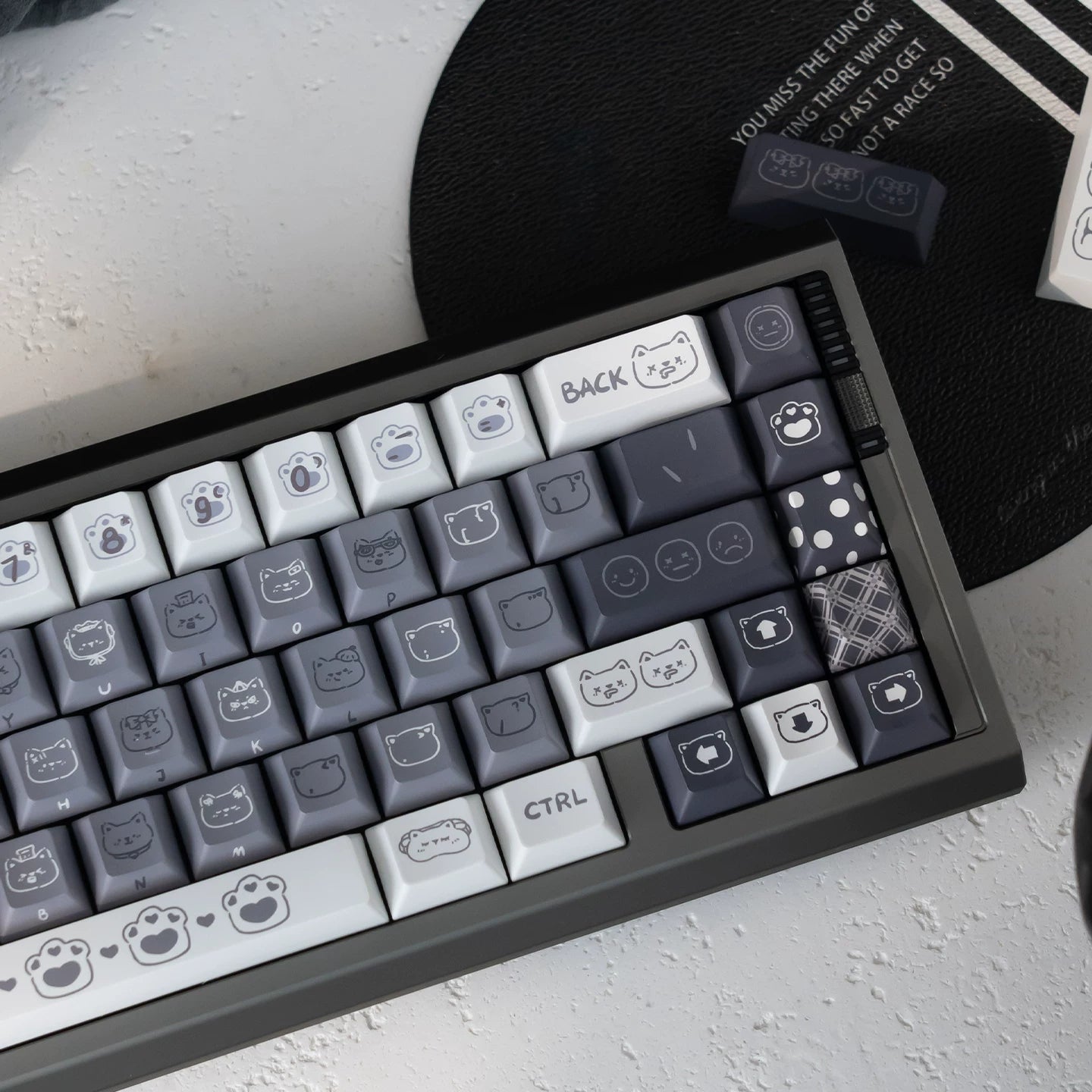 #0276 Emo Gray Kitten Black and White Side Engraved Keycap Designed By URE