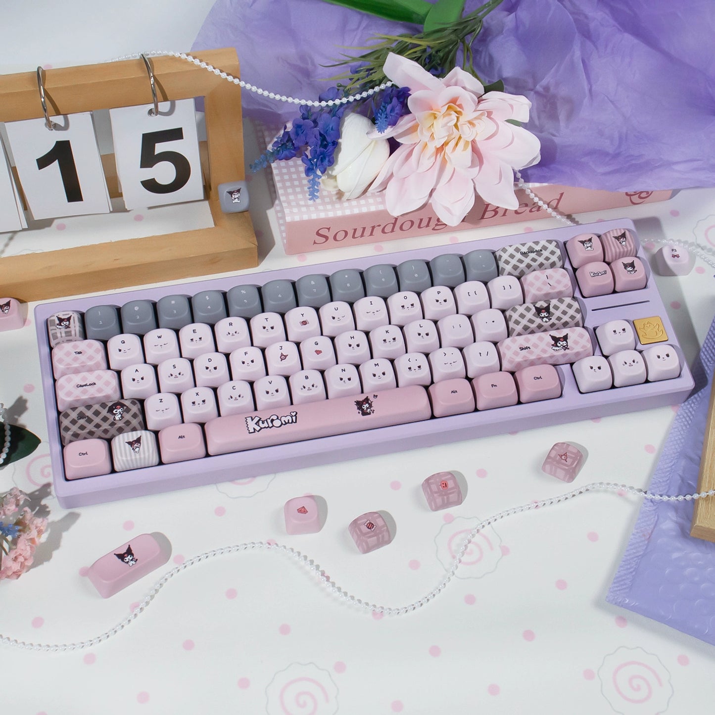 #0234 Kuromi Theme Grey Pink Keycap PBT + PC CHERRY/MOA Profile Designed By URE（not including keyboard））