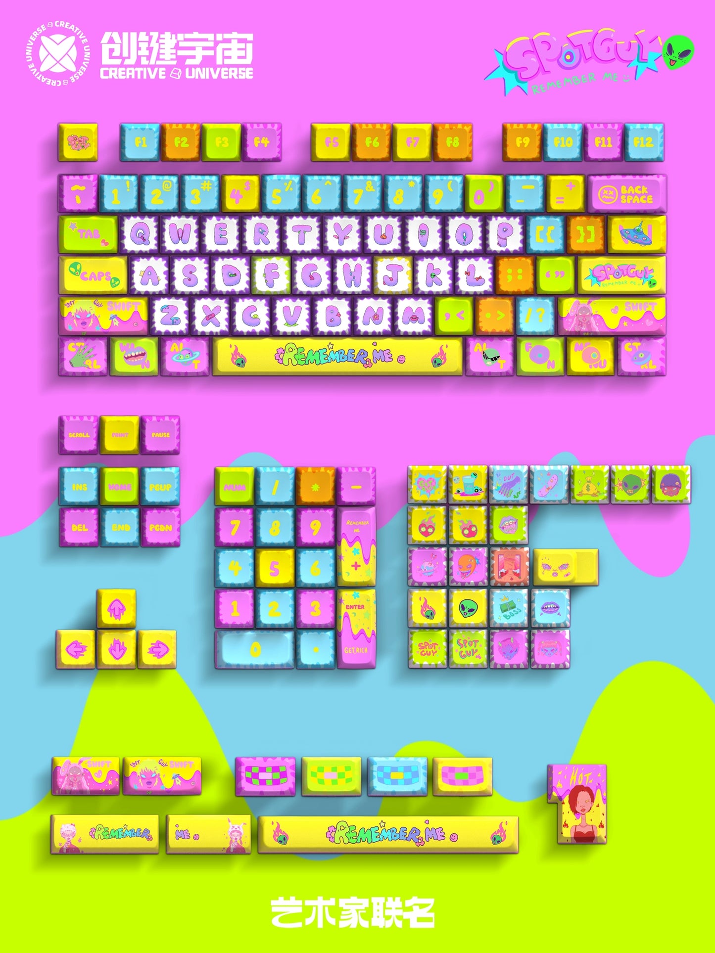 treet art style with fluorescent color palette Creative Universe X Yokilea Artists Spot Boy Theme Co Branded 136 Keys MDA Profile Keycaps