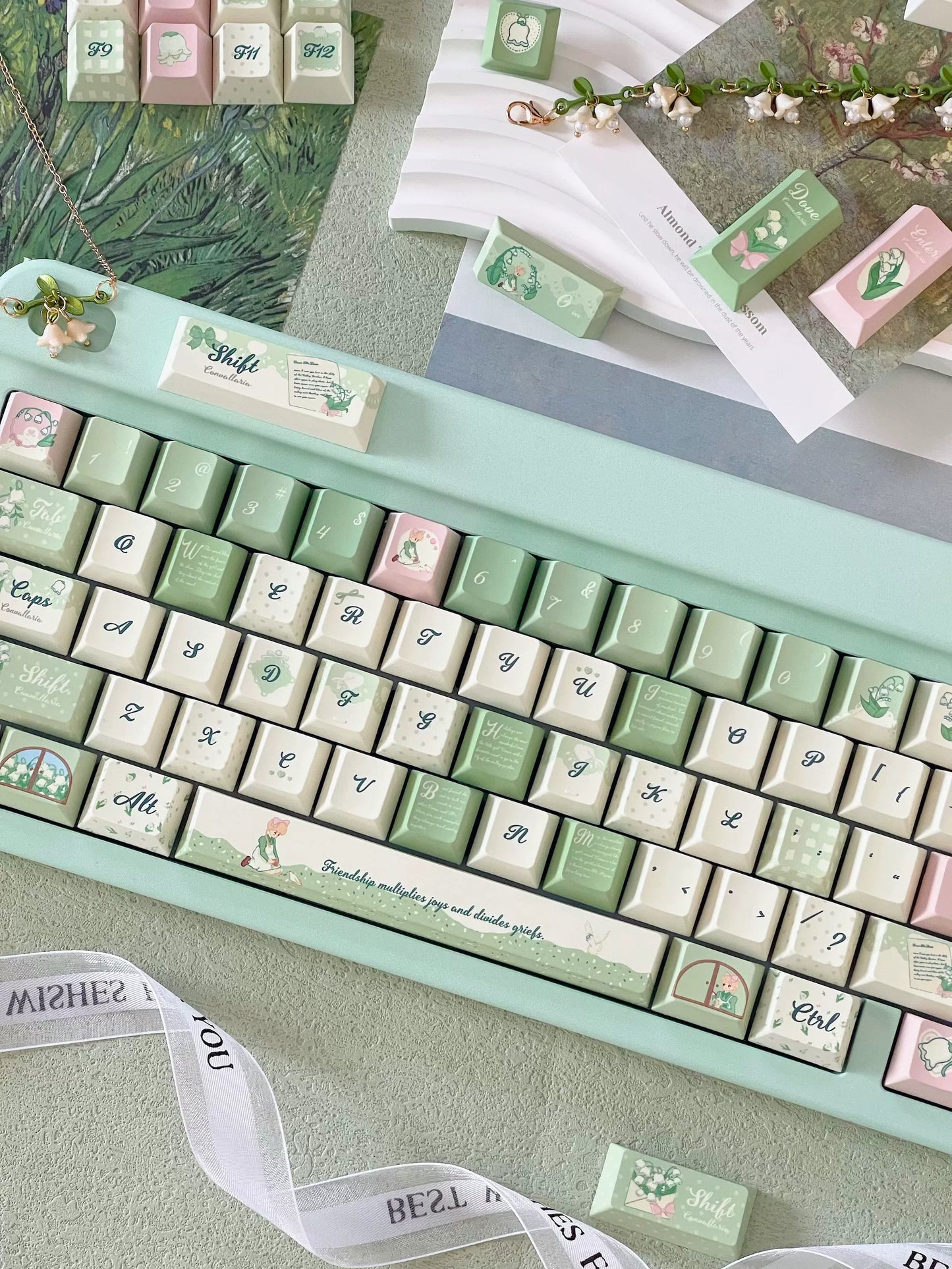 041 Lily of The Valley Pastel Green Pink Cherry Profile Keycap 131 Keys