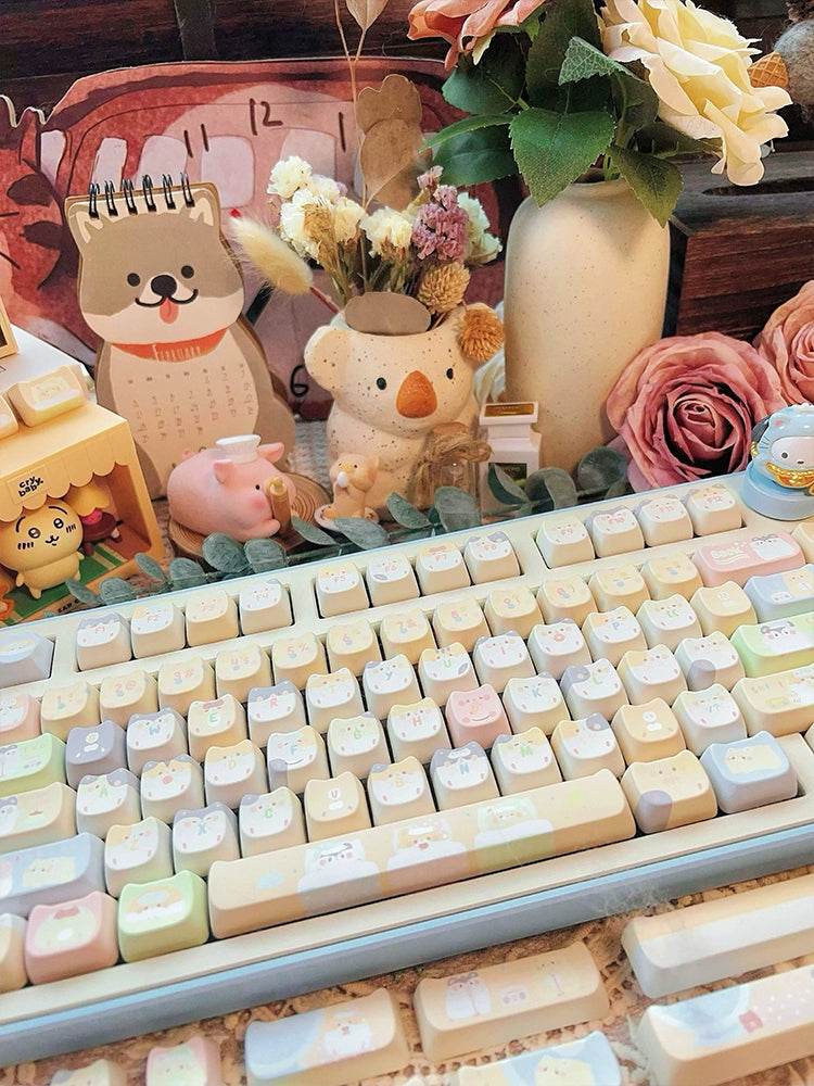 053 Pastel Pale Blue Yellow Beige Kawaii Hamster MAO Profile Customized Keyboard Keycaps Cute Keycaps with Kitty Ears Cat-headed