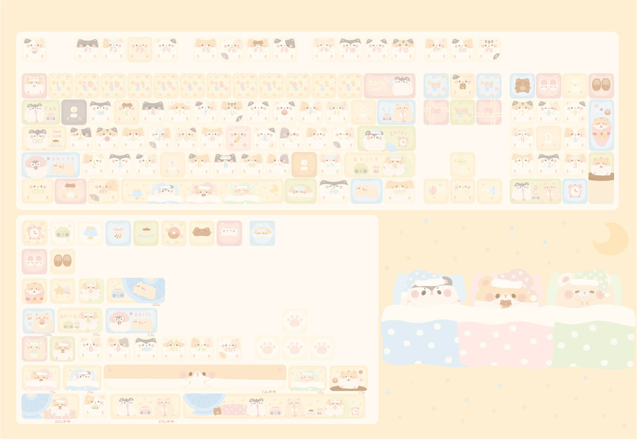 053 Pastel Pale Blue Yellow Beige Kawaii Hamster MAO Profile Customized Keyboard Keycaps Cute Keycaps with Kitty Ears Cat-headed