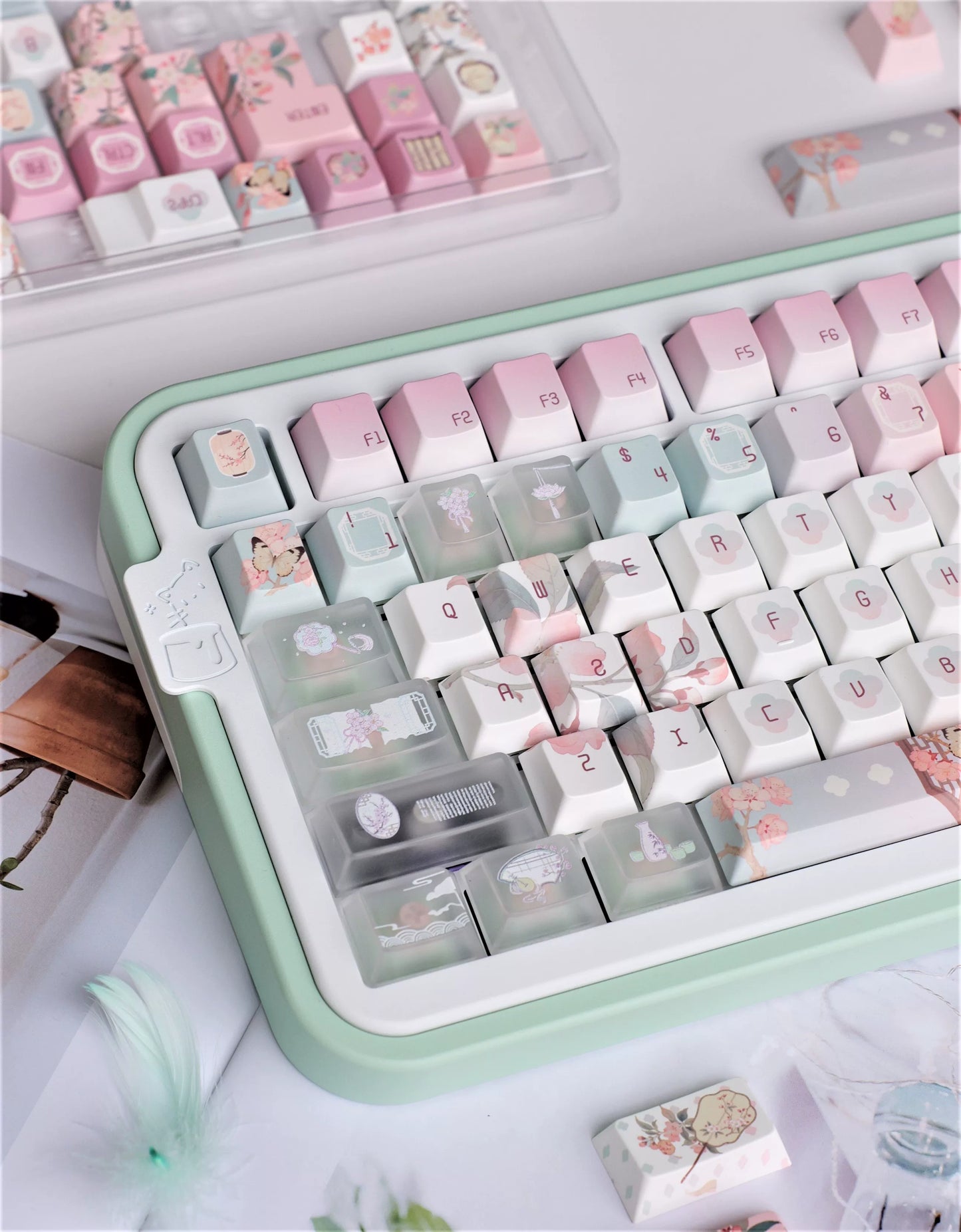 #0264 Begonia Sleepless Keycap Pink Green + Fog Transparent Pc Cherry Profile Designed By Miller