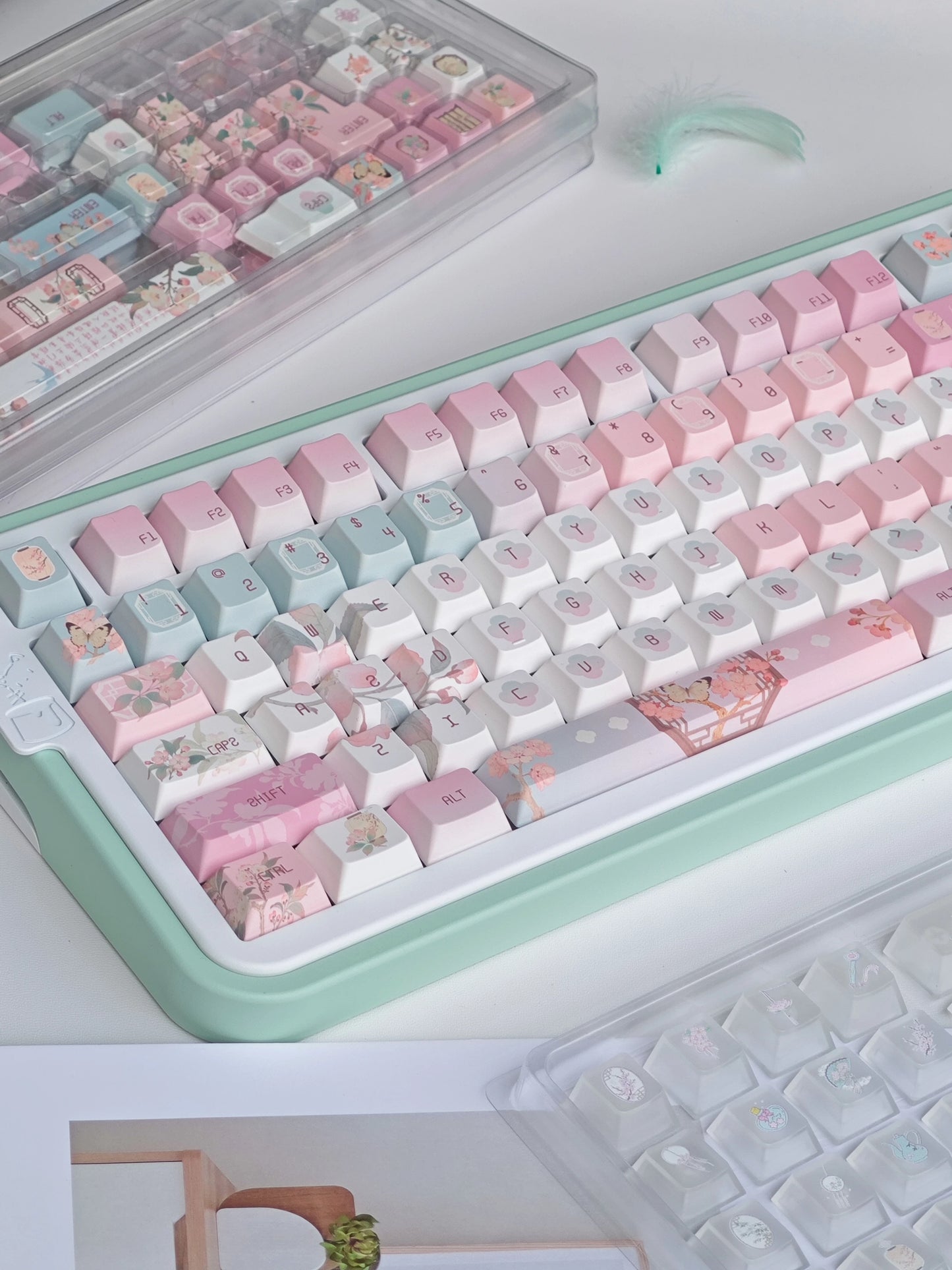 #0264 Begonia Sleepless Keycap Pink Green + Fog Transparent Pc Cherry Profile Designed By Miller