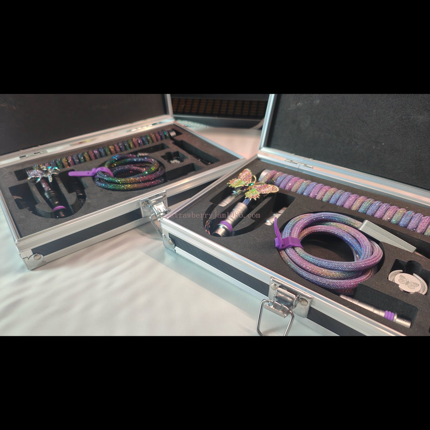 Rainbow Purple Pink Diamond Shiny Dreamy Butterfly Winshop Mechanical Keyboard Coiled Cable Set With Suitcase Shaped Organizer