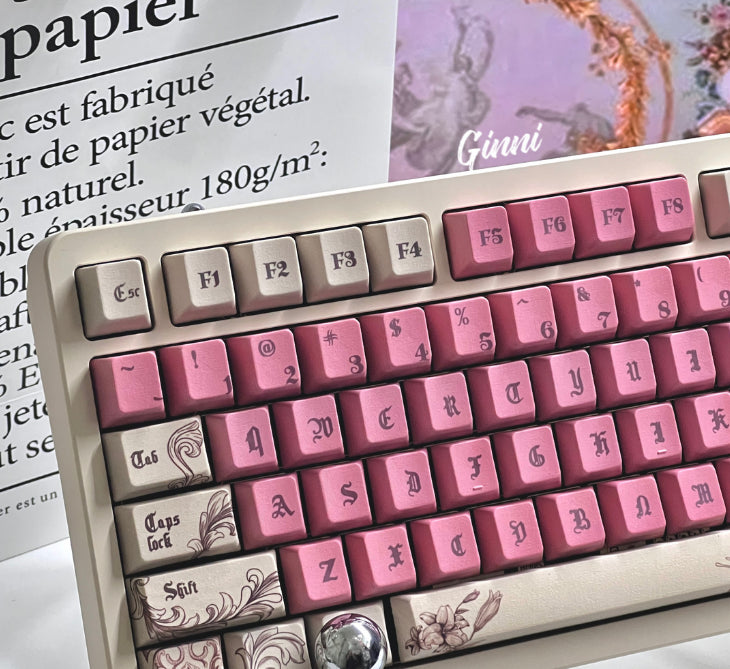 062 Gothic Manuscript Rose Pink Bean Red and Beige 145 keys Cherry Profile Custom Keycaps Designed By Sanyueqing